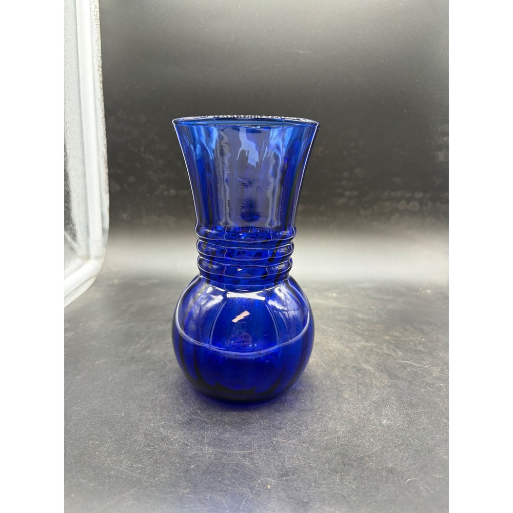 Vintage Cobalt Blue Glass Vase Bulbous Base Flared Rim Triple Ring Neck 6.5in